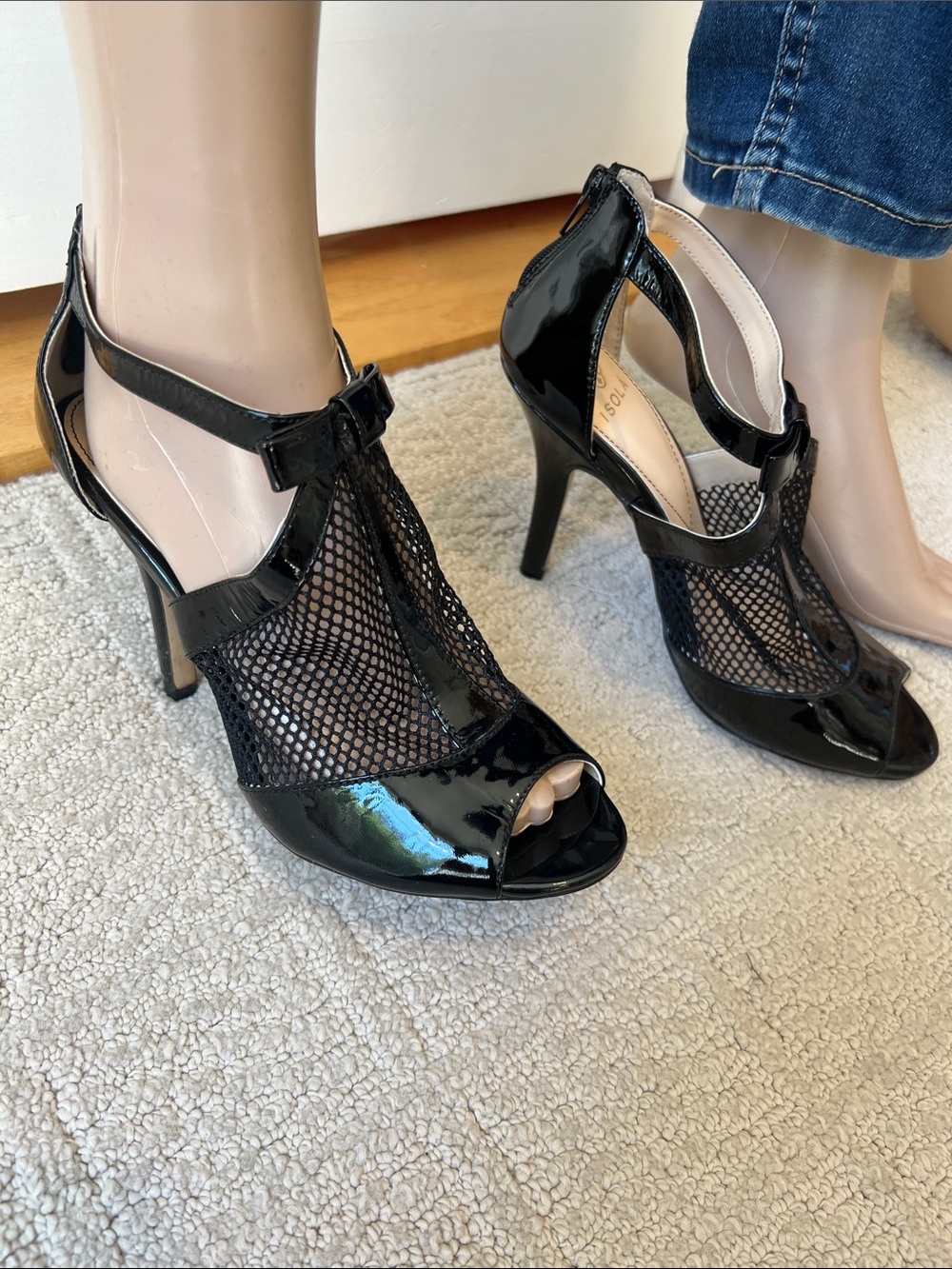 Isona Bevan Black Patent Peep-Toe Mesh High Heels